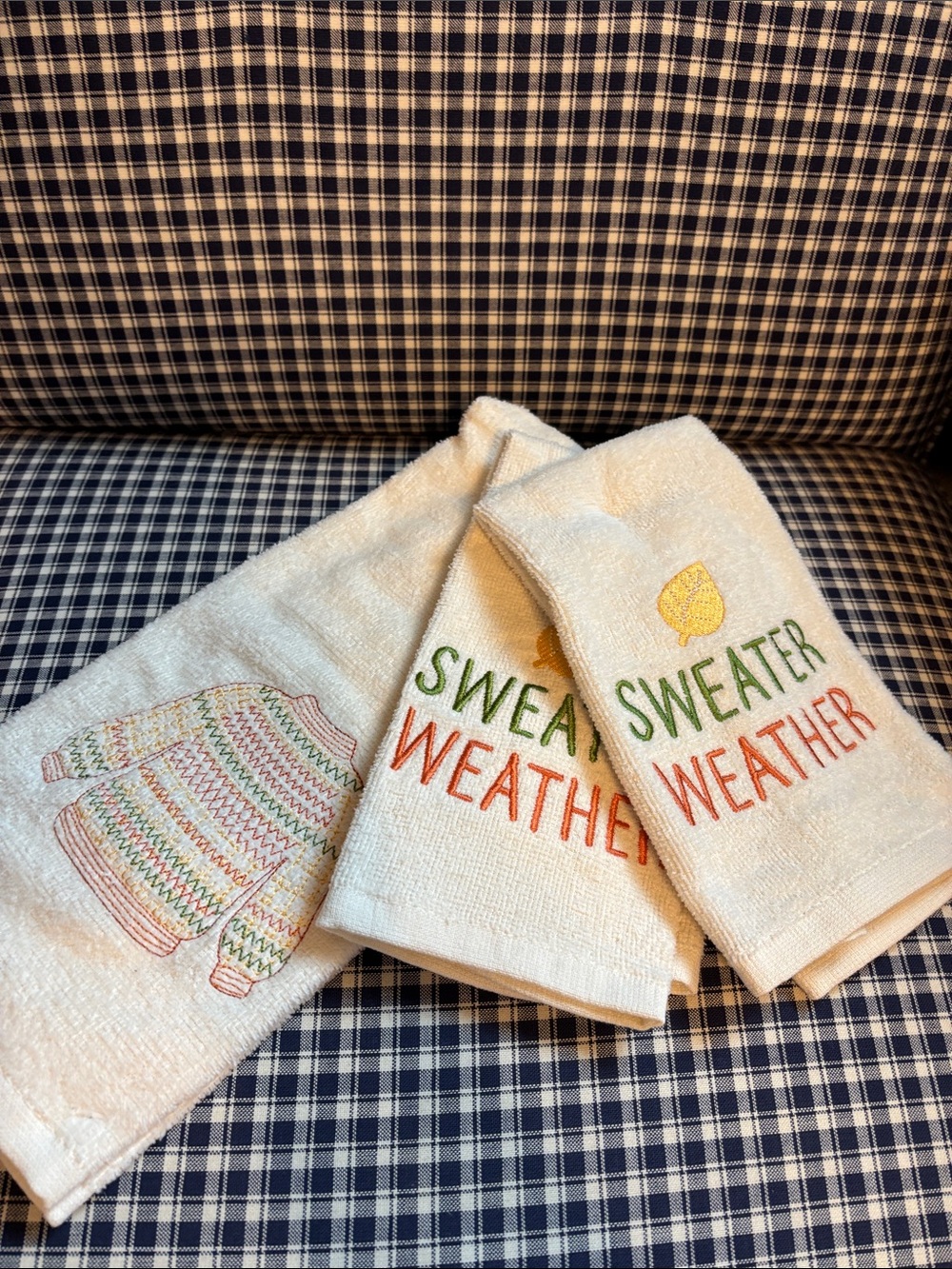 Embroidered 'Sweater Weather' Cream Kitchen Towels - Set of 3